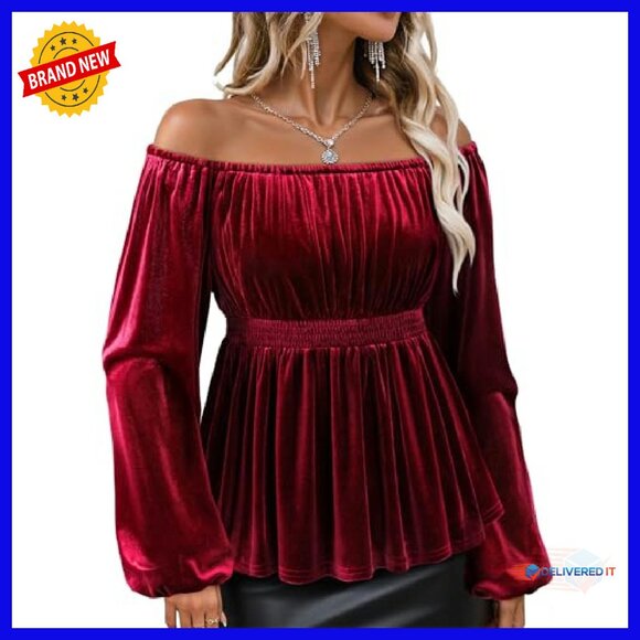 Velvet Off Shoulder Peplum Blouse Long Sleeve Elegant Evening Top - Picture 2 of 8